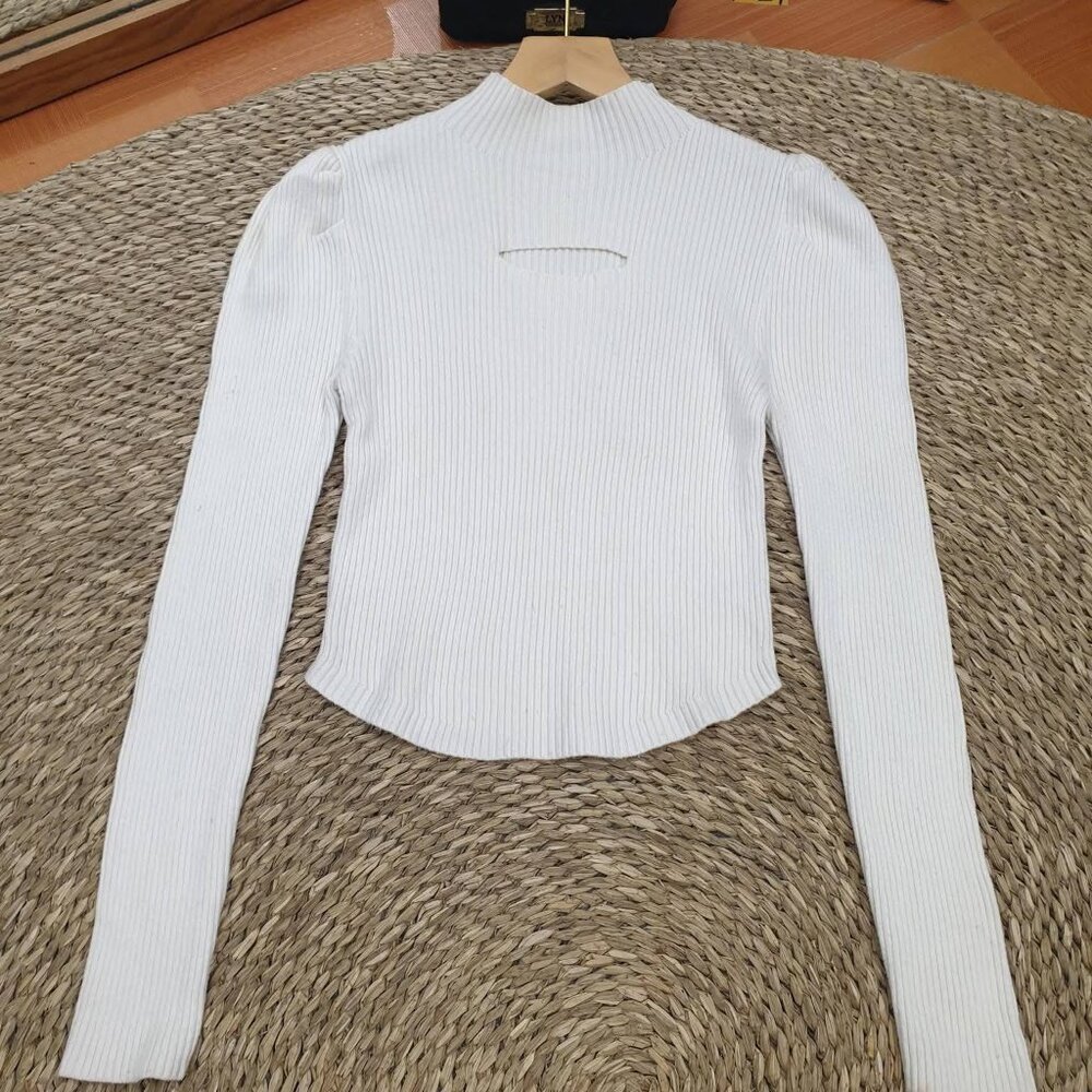 White Ribbed Knit Mock Neck Cutout Crop Top Trendy Fitted Tee